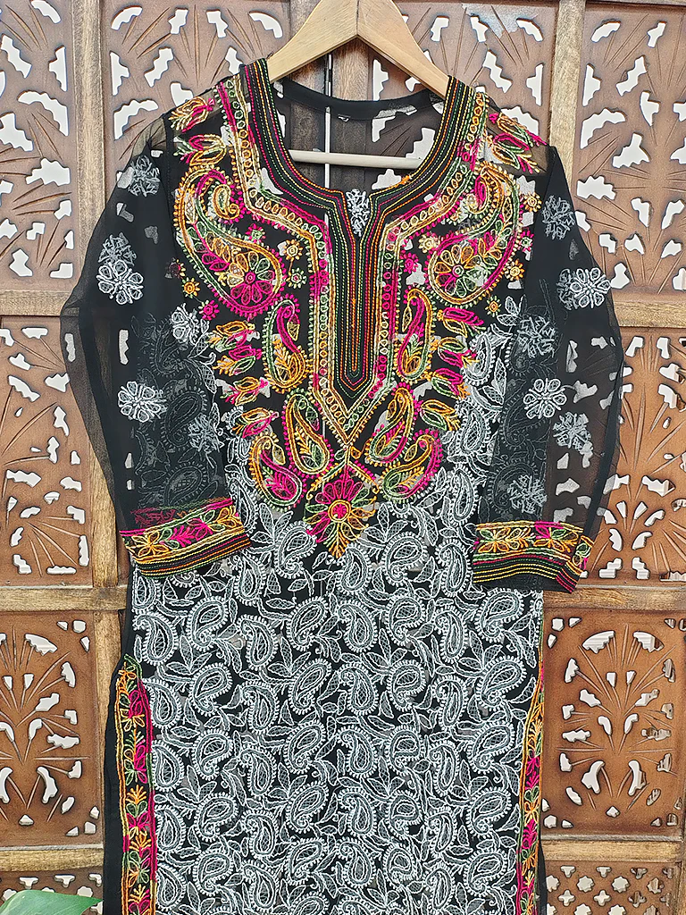 Black Multi Georgette Chikankari Straight Kurti - Image 3