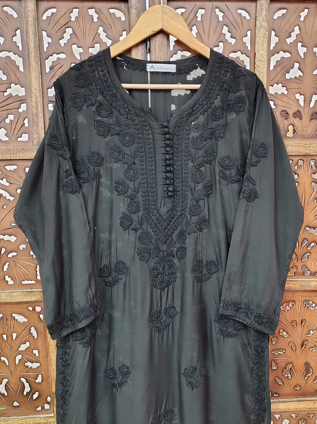 Black Muslin Chikankari Straight Kurti - Image 3