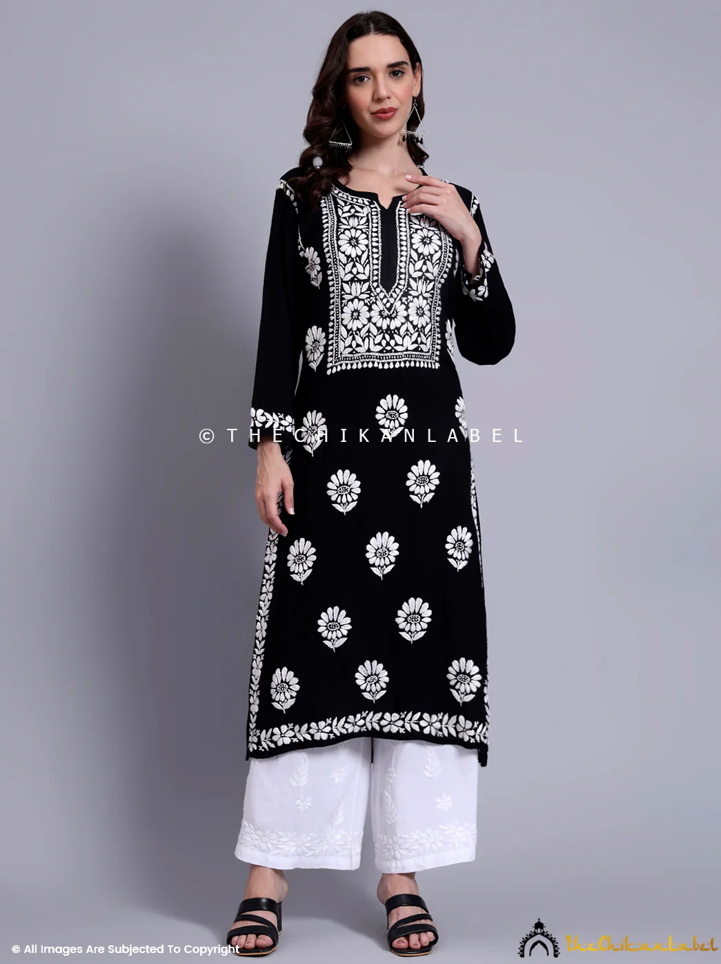 Myra Rayon Straight Chikankari Kurti - Black