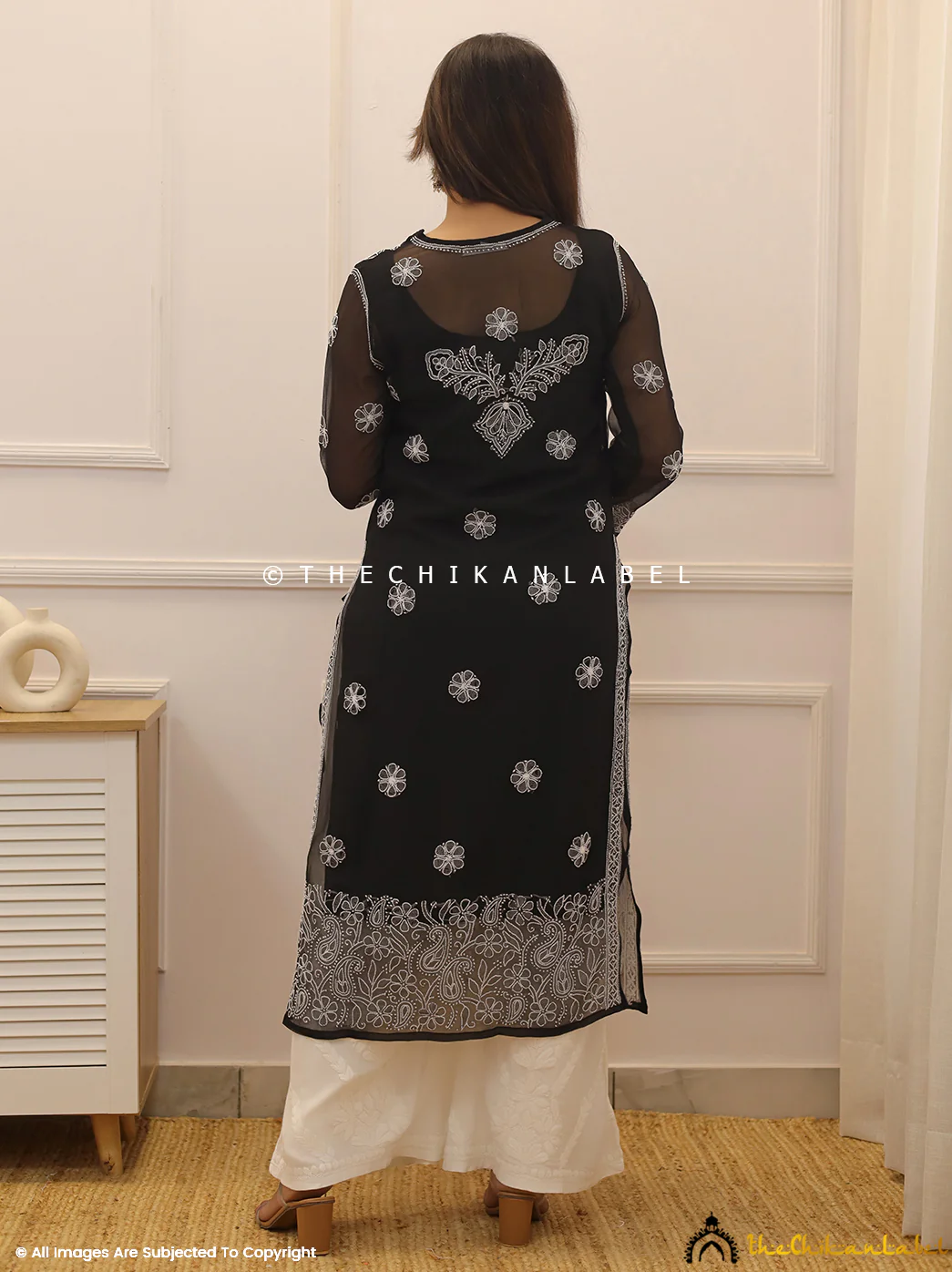 Naaz Georgette Chikankari Straight Kurti - Black - Image 3