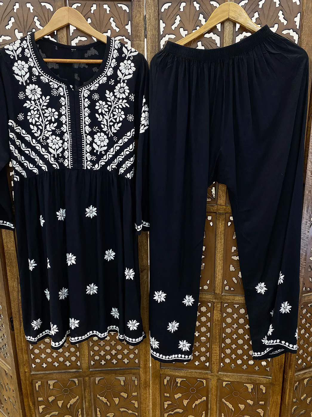 Black Rayon Chikankari Kurti Palazzo Set - Image 2