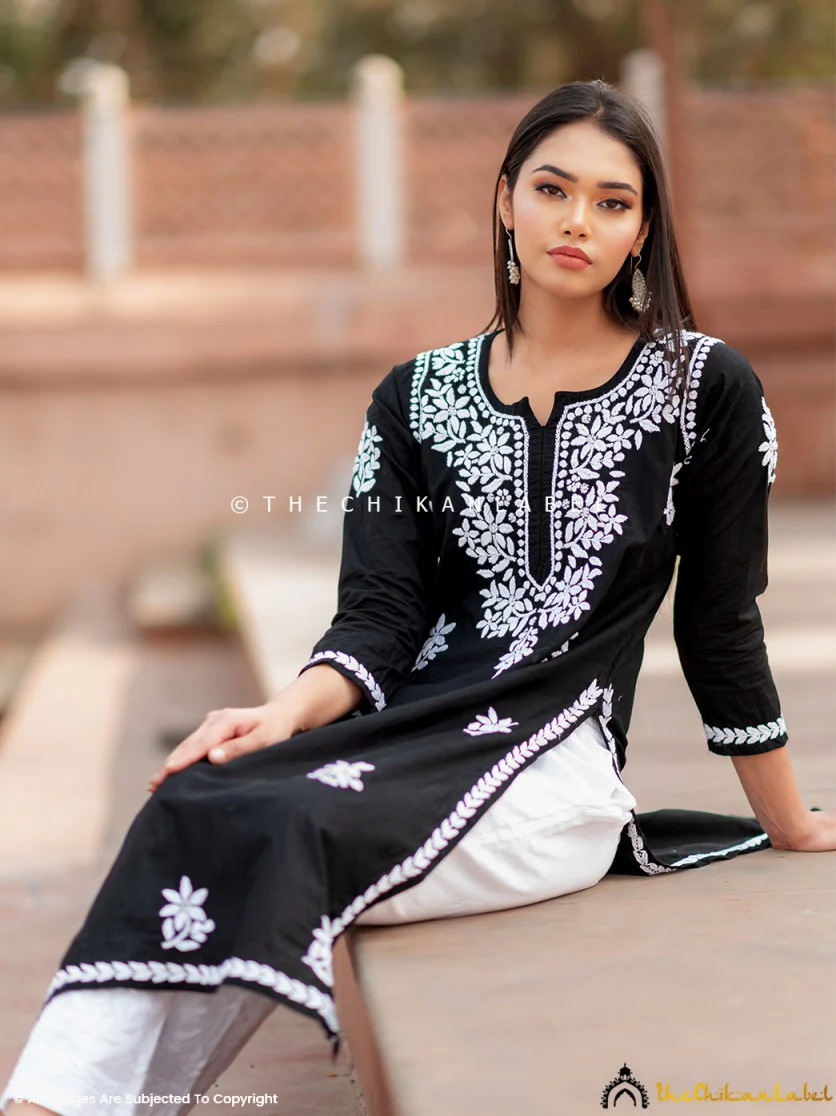 Saba Cotton Chikankari Straight Kurti- Black - Image 3