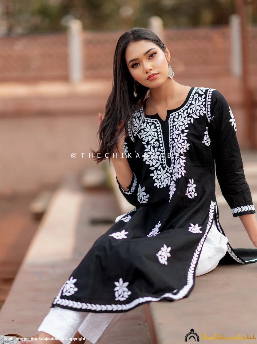 Saba Cotton Chikankari Straight Kurti- Black - Image 4