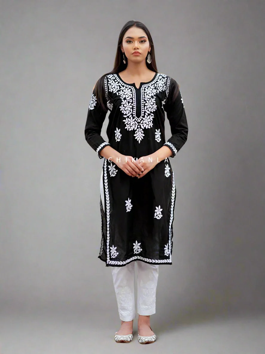 Saba Cotton Chikankari Straight Kurti- Black - Image 6