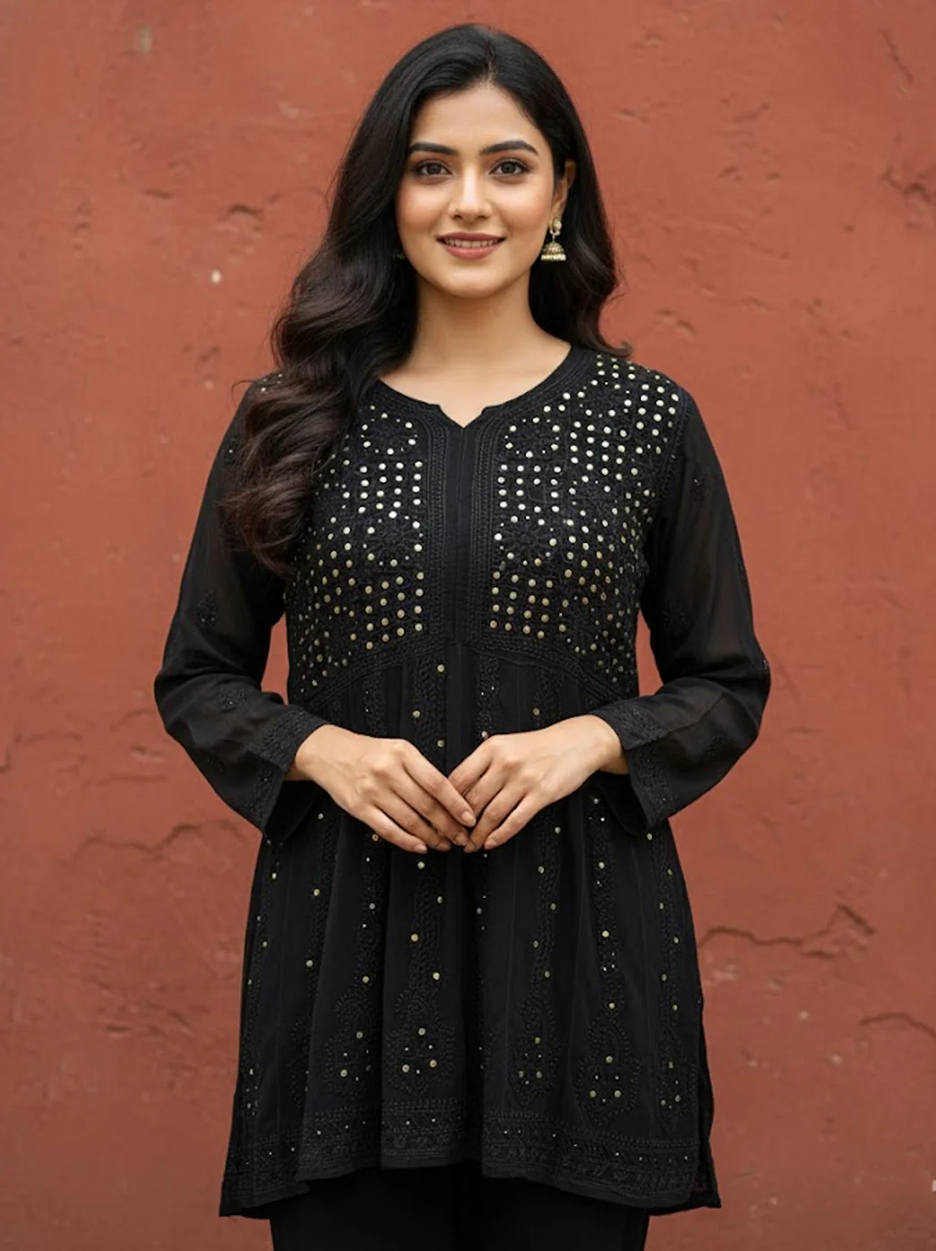 Black Viscose Chikankari Short Top