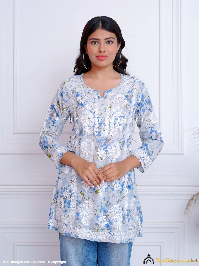 Blue Aadila Mulmul Cotton Chikankari Short Top