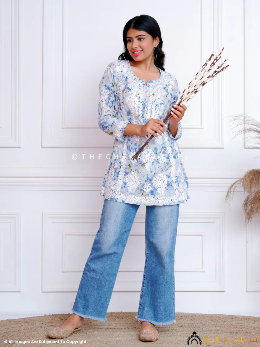 Blue Aadila Mulmul Cotton Chikankari Short Top - Image 2
