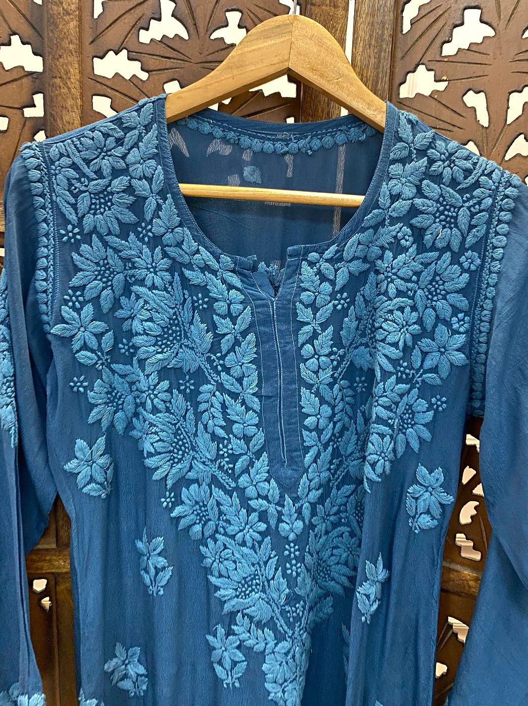 Teal Blue Crepe Chikankari Straight Kurti - Image 2