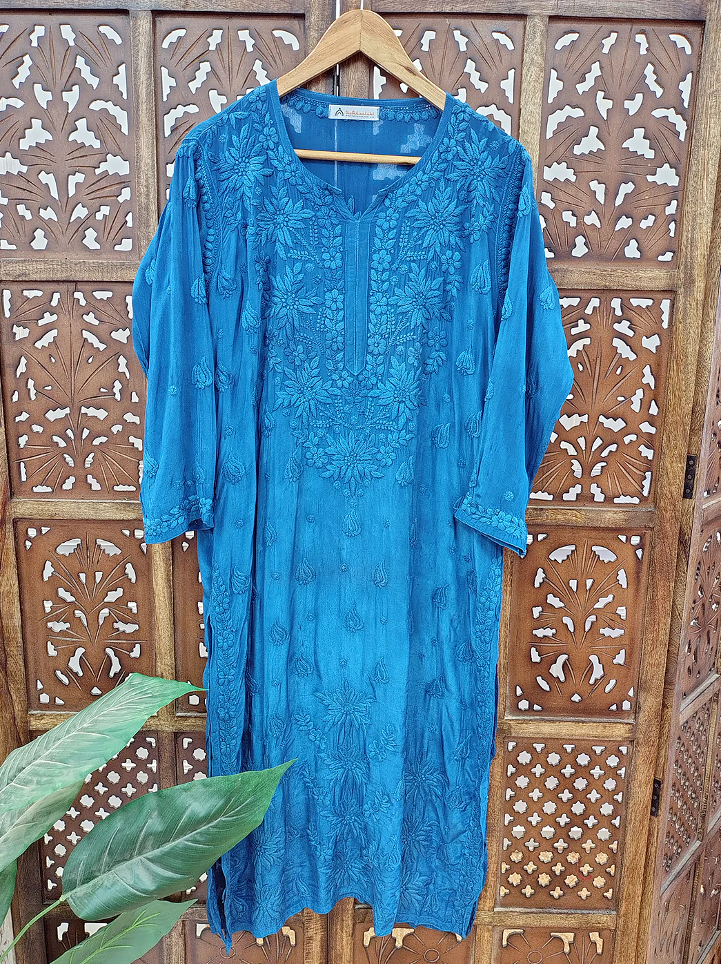Blue Crepe Chikankari Straight Kurti - Image 2