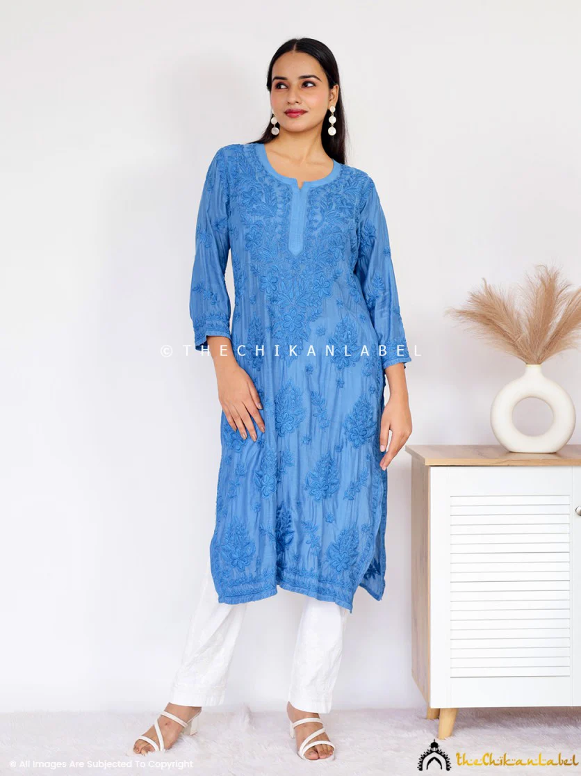 Daksha Muslin Chikankari Straight Kurti - Blue