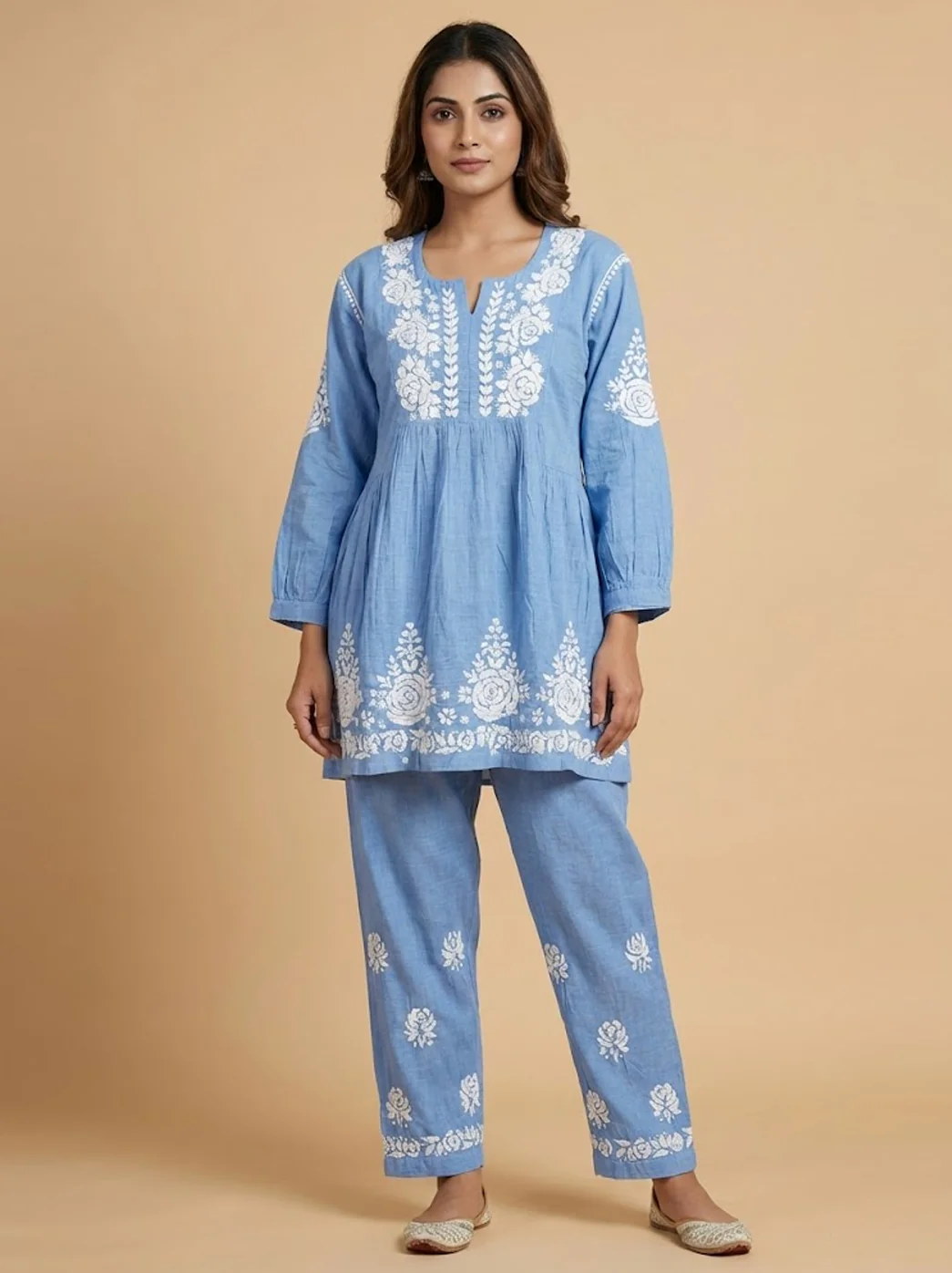 Blue Denim Chikankari Short Kurta Set