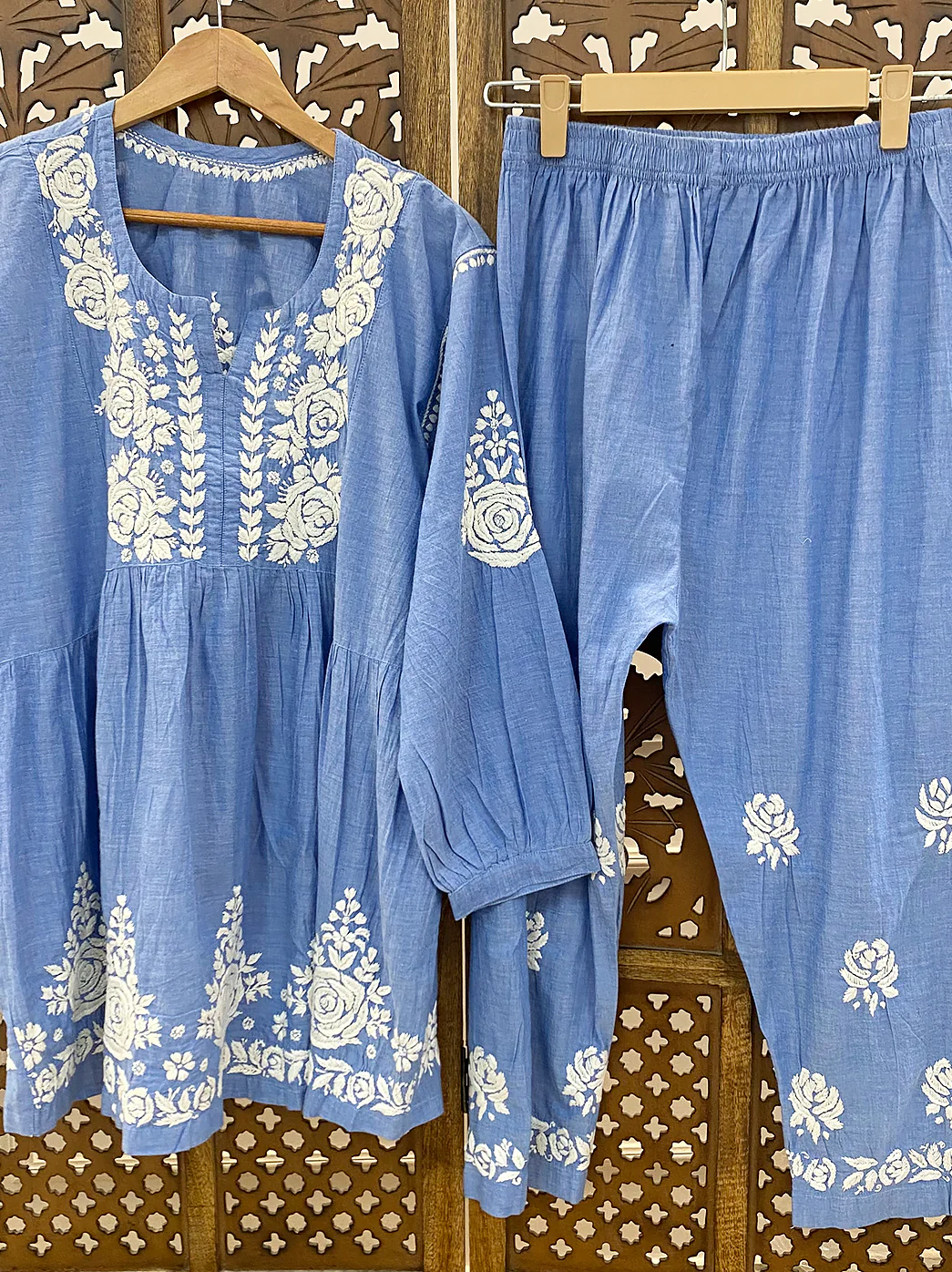 Blue Denim Chikankari Short Kurta Set - Image 2
