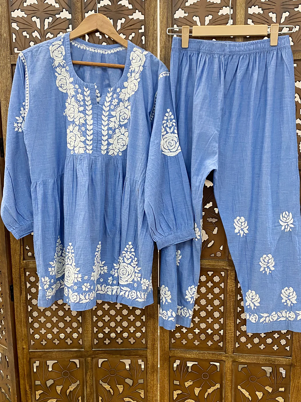 Blue Denim Chikankari Short Kurta Set - Image 3