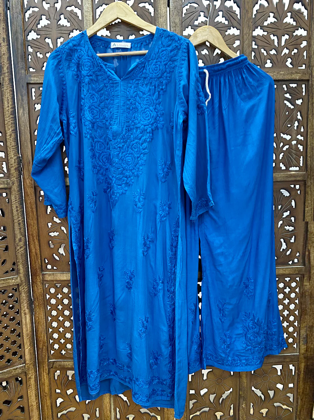 Amaaya Modal Chikankari Kurta Palazzo Set - Blue - Image 2