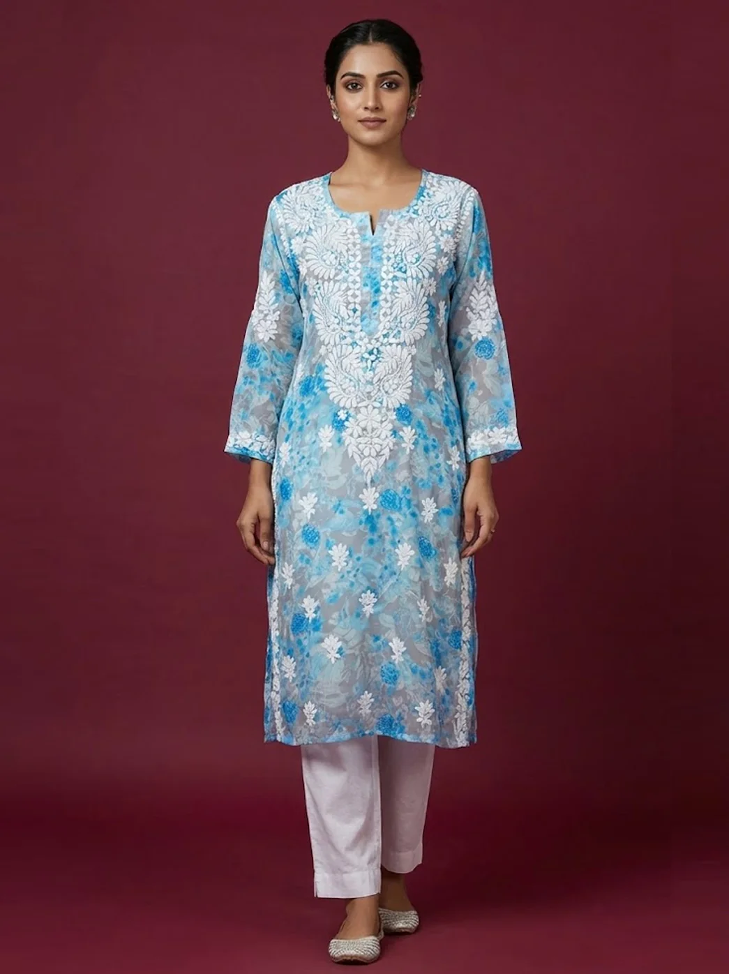 Blue Mulmul Printed Chikankari Straight Kurti
