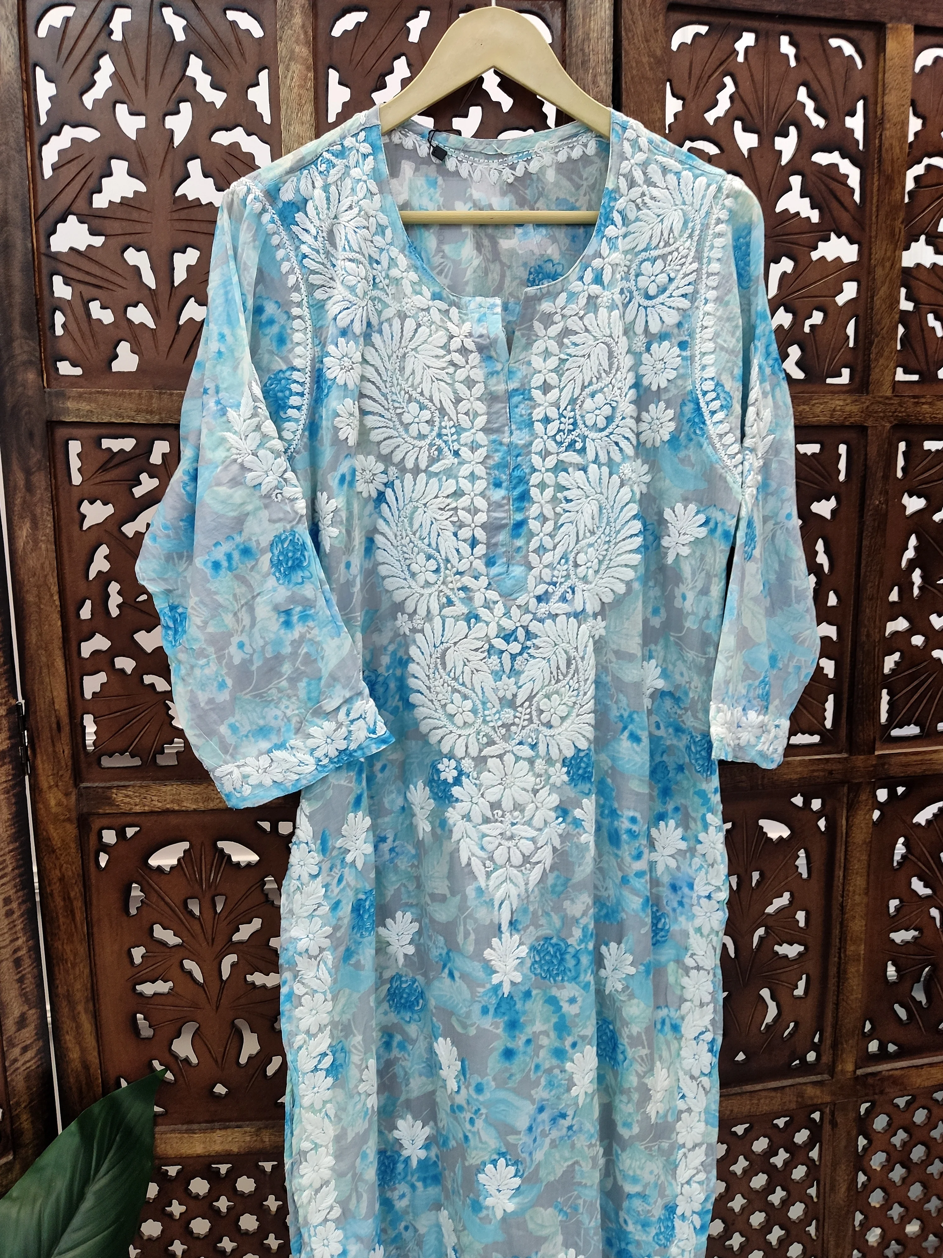Blue Mulmul Printed Chikankari Straight Kurti - Image 2