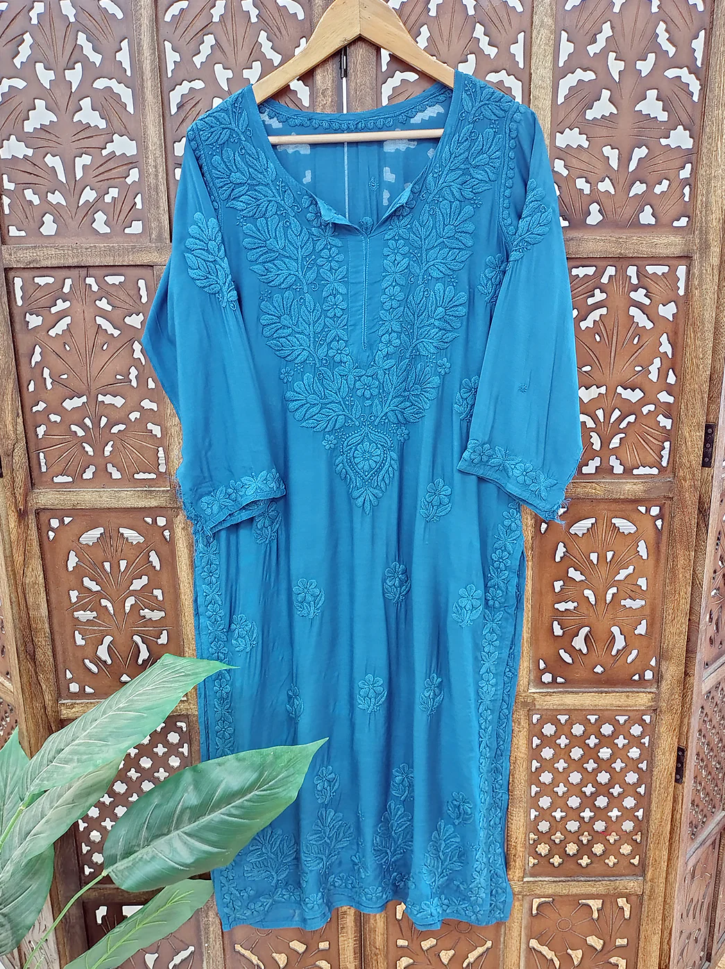 Blue Muslin Chikankari Straight Kurti - Image 2