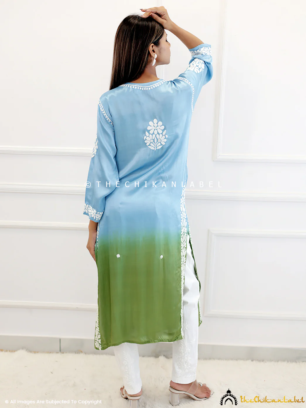 Blue On Green Satin Modal Chikankari Straight Kurti - Image 3