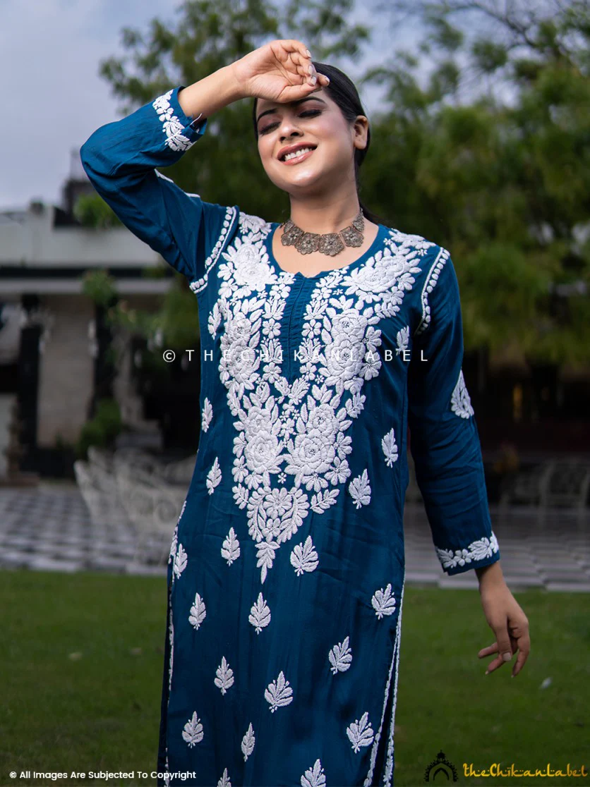 Blue Safa Muslin Chikankari Straight Kurti - Image 2