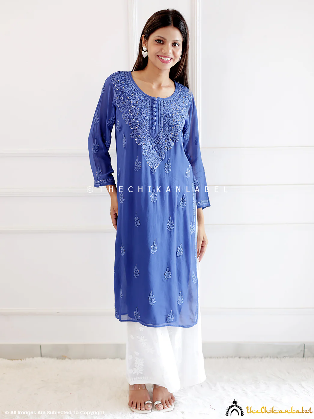 Blue Viscose Chikankari Straight Kurti