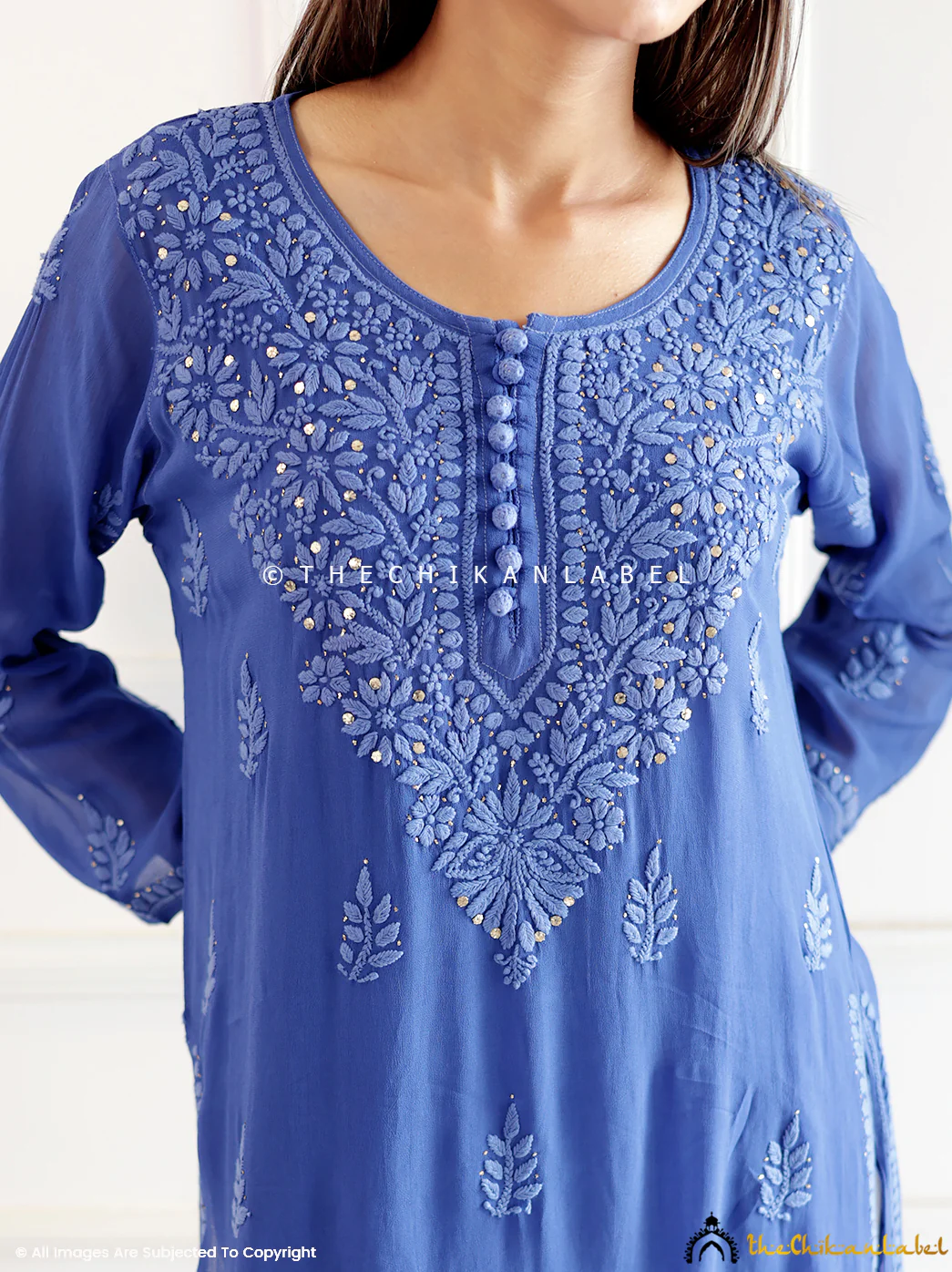 Blue Viscose Chikankari Straight Kurti - Image 2