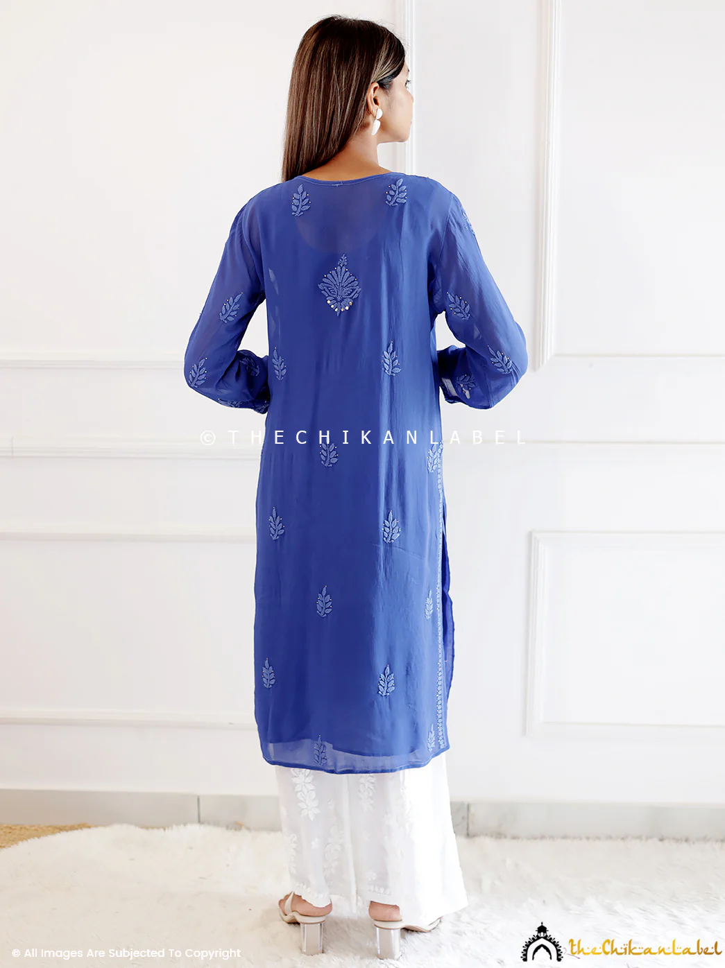 Blue Viscose Chikankari Straight Kurti - Image 3