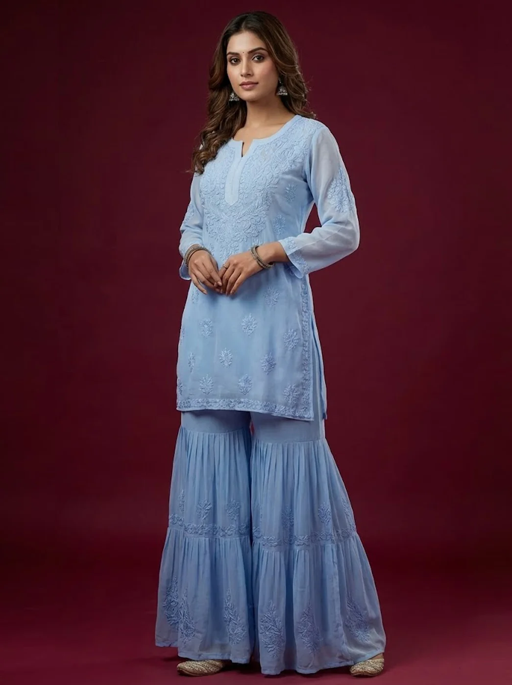 Blue Viscose Chikankari Straight Kurti Garara Set