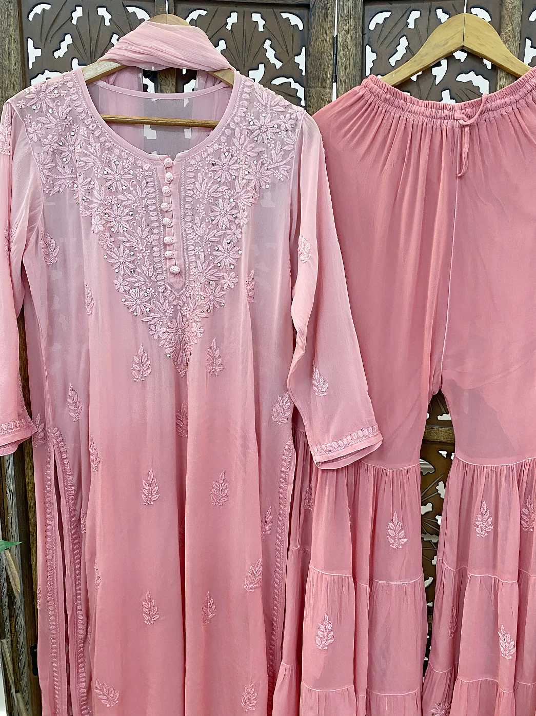 Blush Pink Viscose Chikankari Kurta Set - Image 3