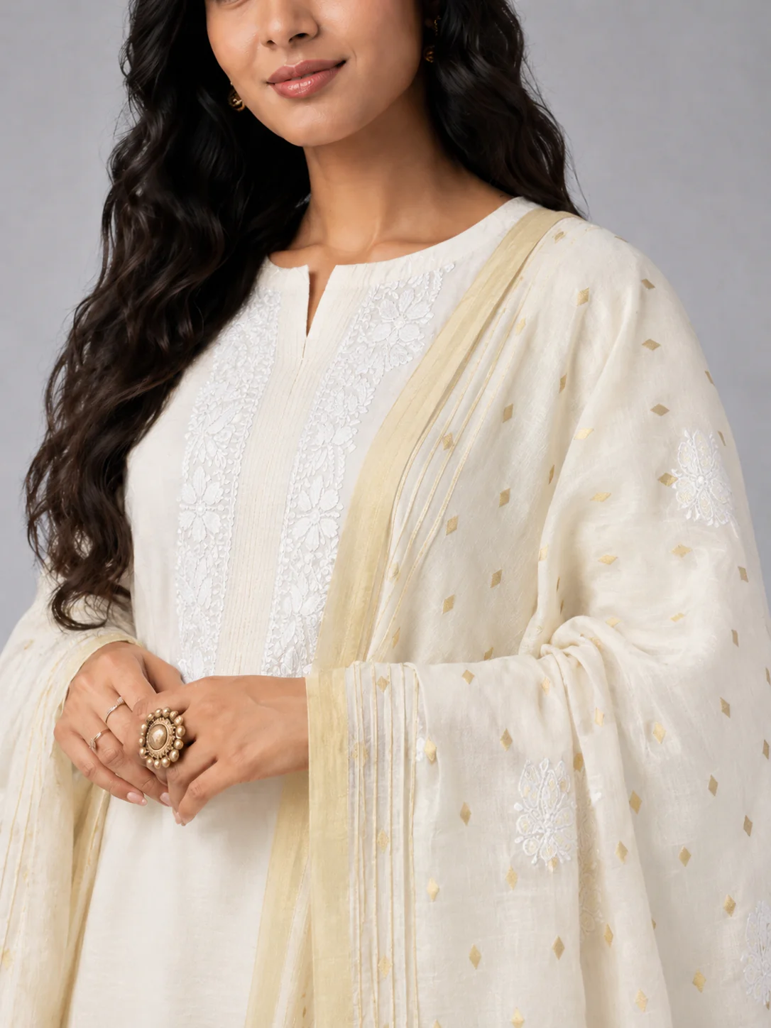 Brasso Off White Chanderi Chikankari Dupatta - Image 3