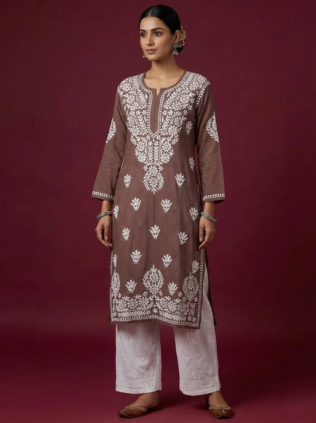 Brown Modal Chikankari Straight Kurti