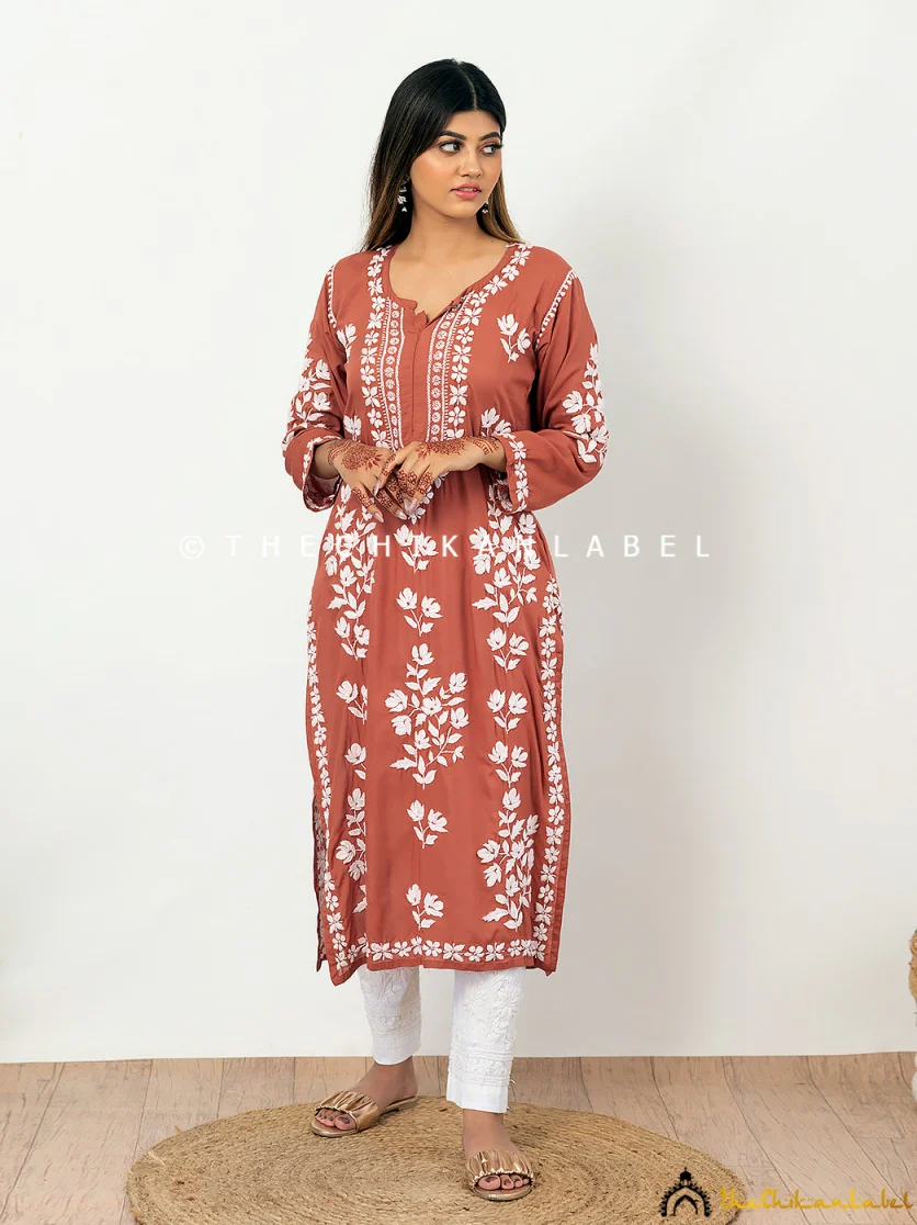 Brown Nora Modal Chikankari Straight Kurti - Image 3