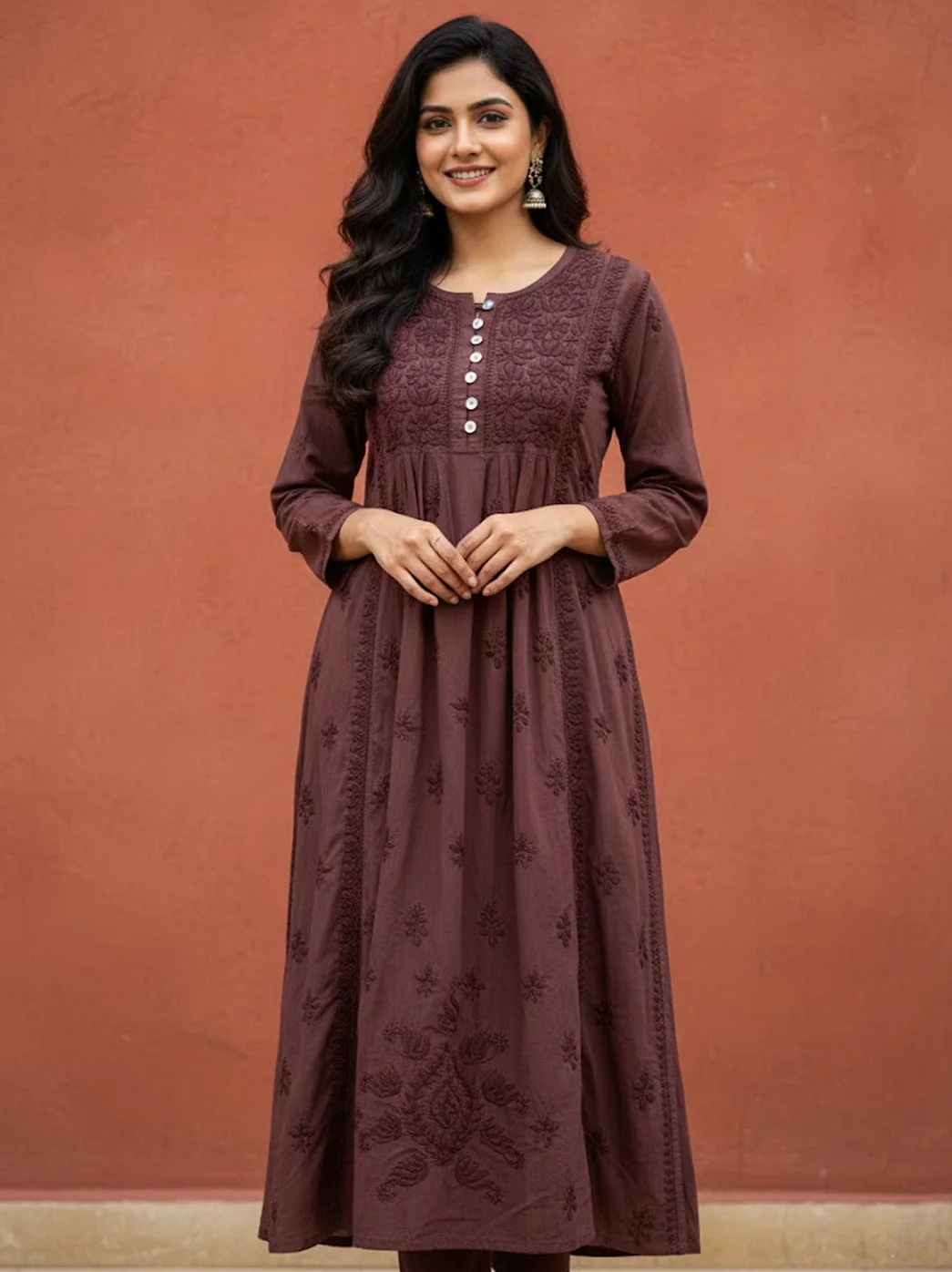 Choco Cotton Chikankari A-Line Kurti