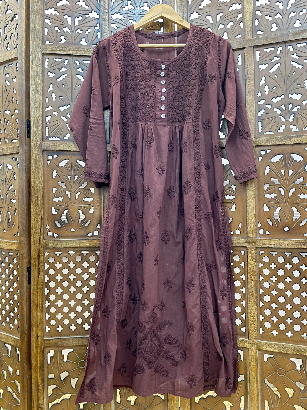 Choco Cotton Chikankari A-Line Kurti - Image 2