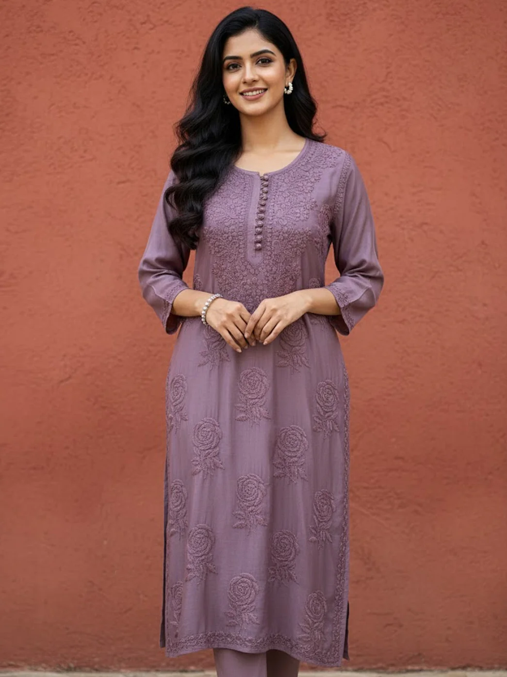 Choco Gulaab Muslin Chikankari Straight Kurti