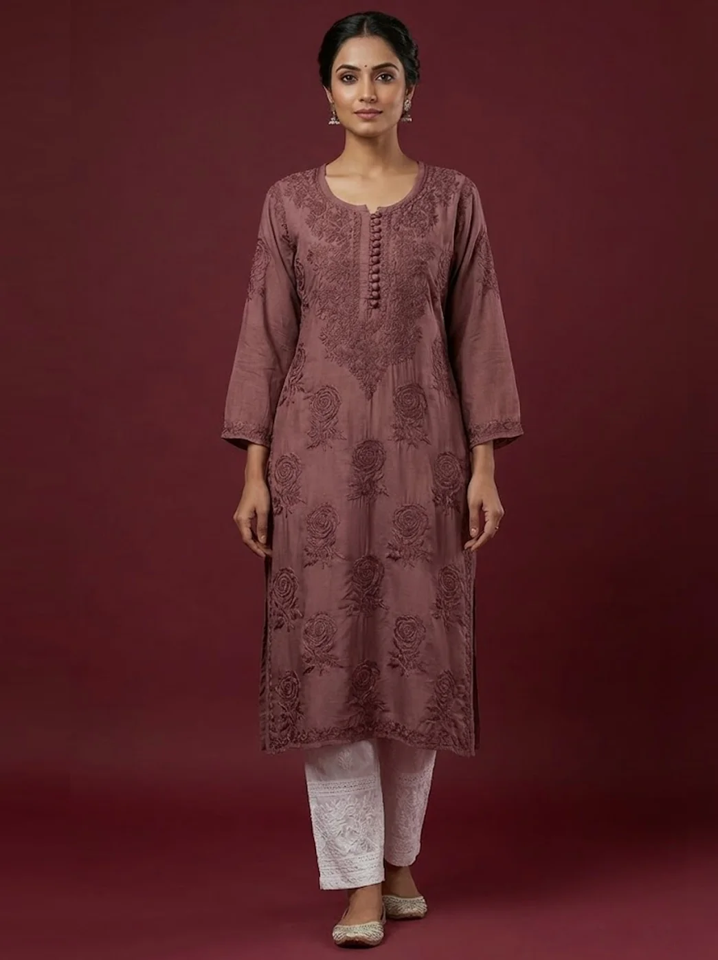Choco Gulaab Muslin Chikankari Straight Kurti