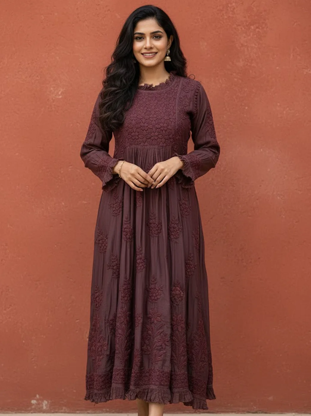 Choco Muslin Chikankari A-Line Kurti