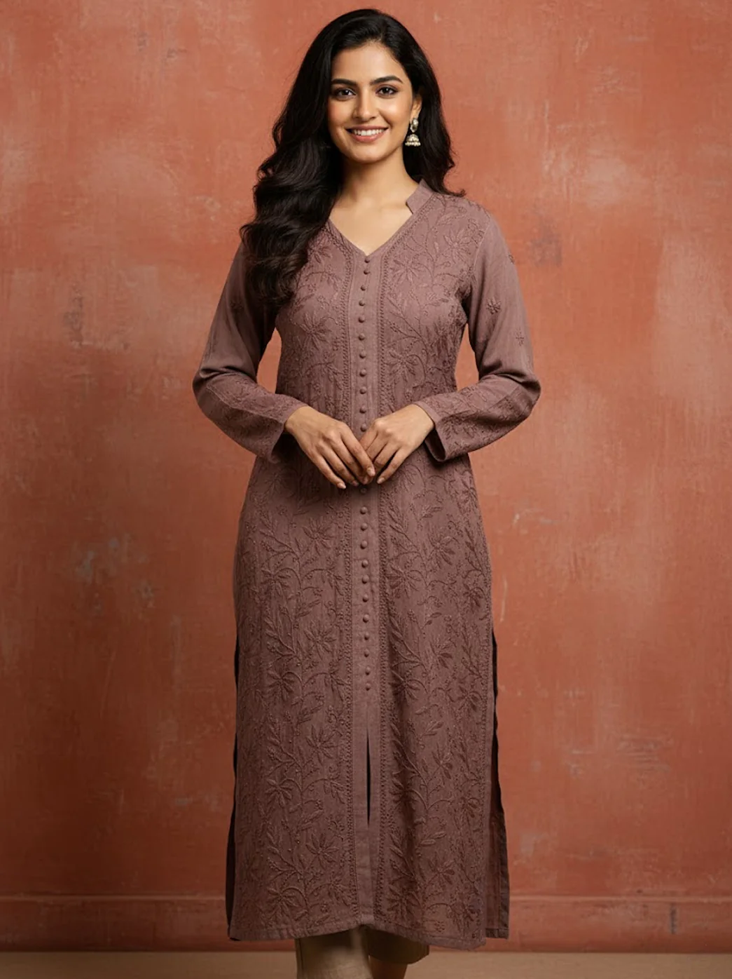 Choco Muslin Chikankari Straight Kurti