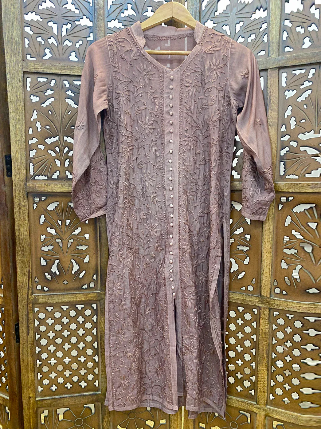 Choco Muslin Chikankari Straight Kurti - Image 2