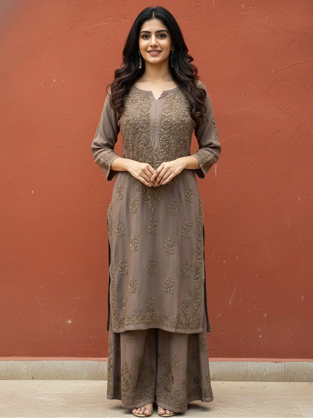 Choco Rayon Chikankari Kurti Palazzo Set
