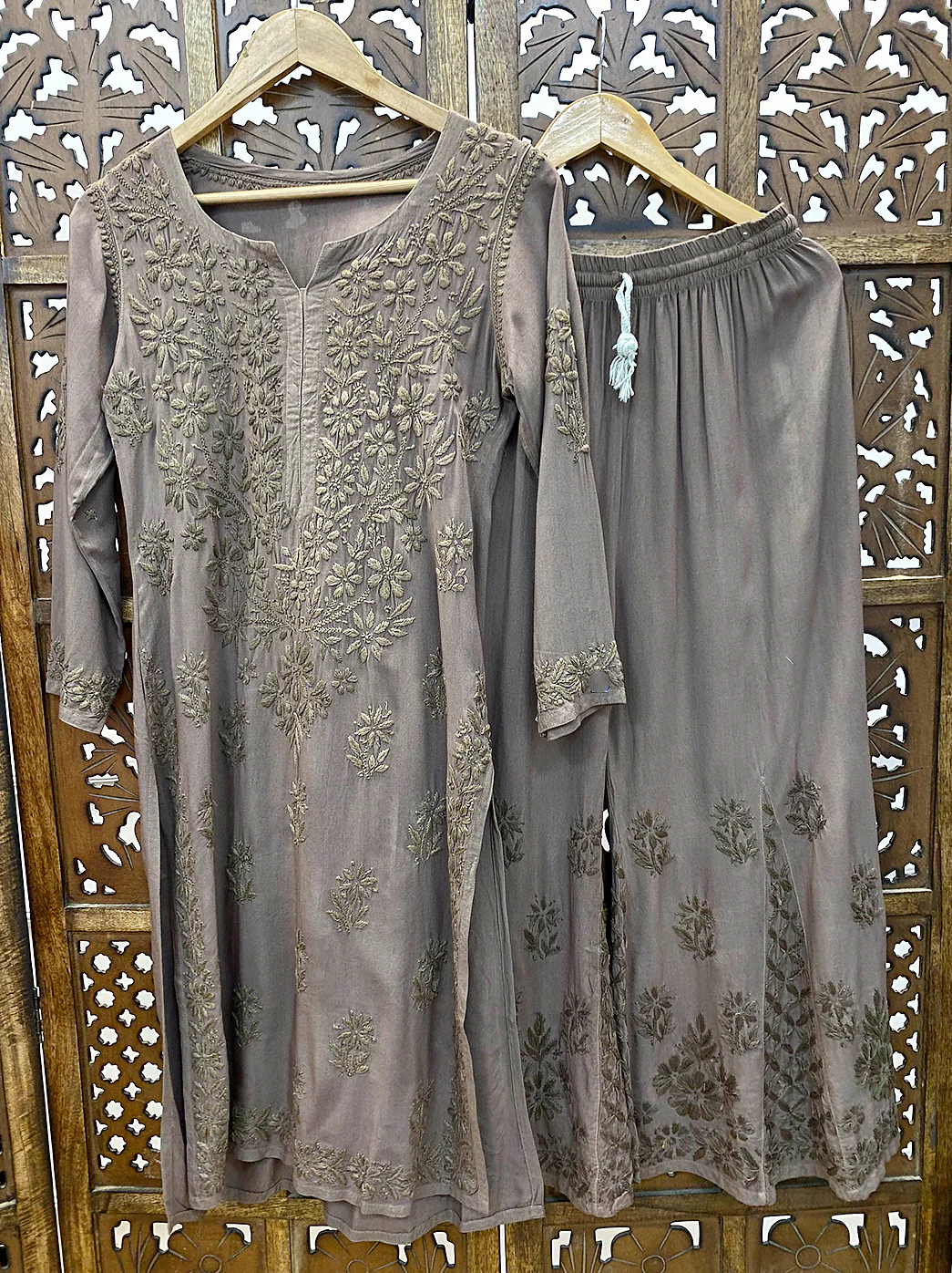 Choco Rayon Chikankari Kurti Palazzo Set - Image 2