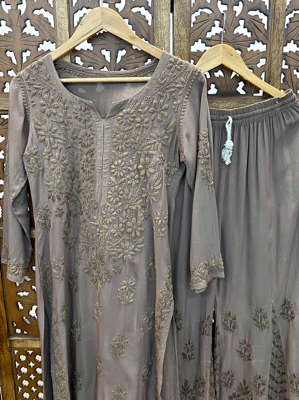 Choco Rayon Chikankari Kurti Palazzo Set - Image 3
