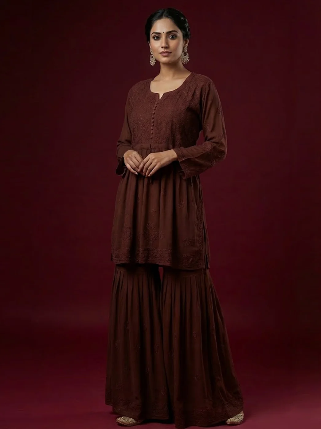 Choco Viscose Chikankari Straight Kurti Garara Set