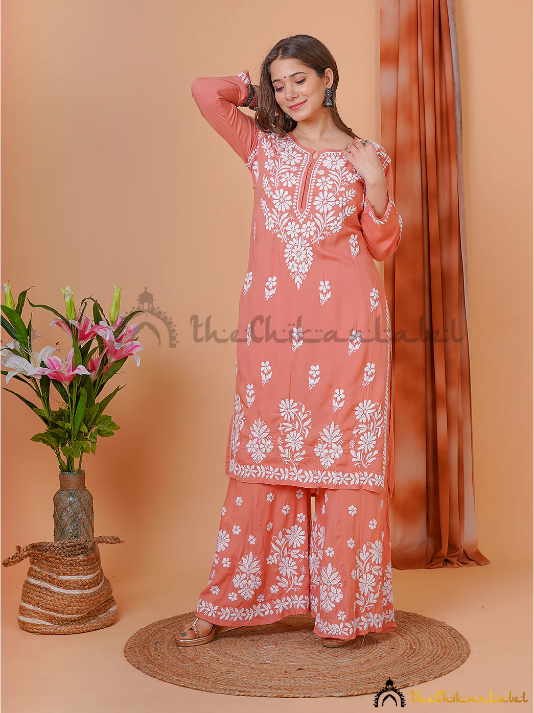 Coral Modal Chikankari Kurti Palazzo Set - Image 5