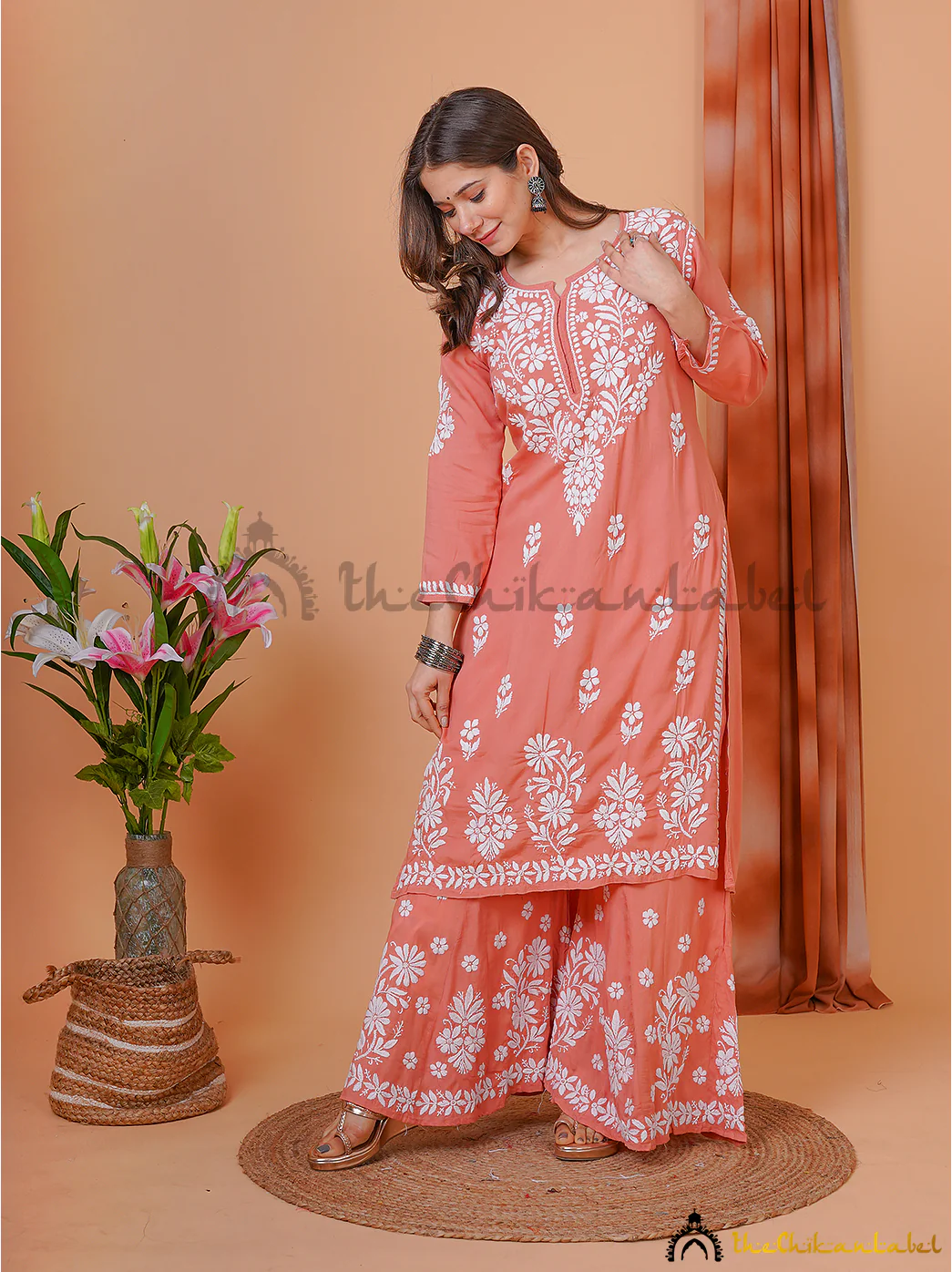 Coral Modal Chikankari Kurti Palazzo Set - Image 6
