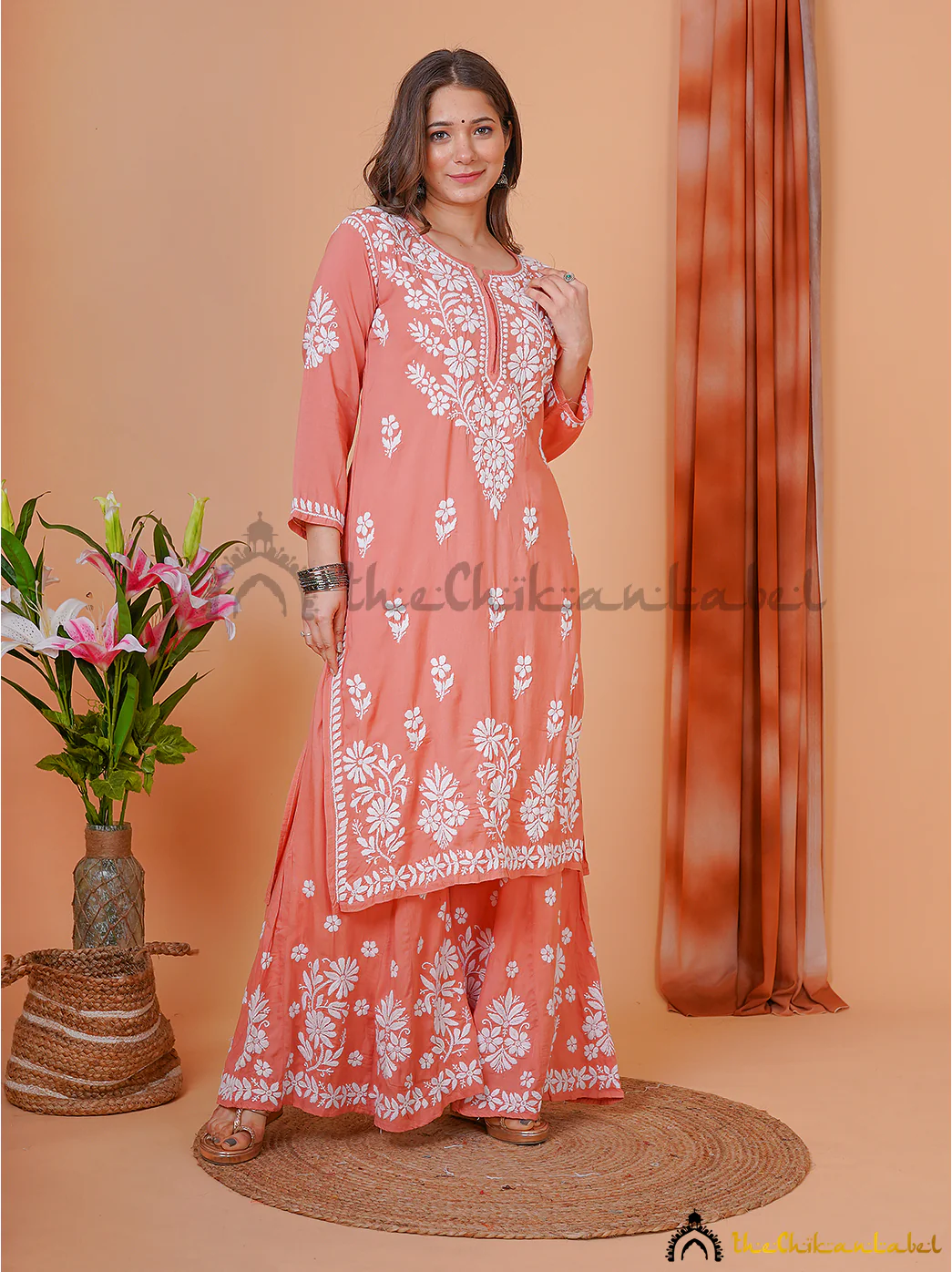 Coral Modal Chikankari Kurti Palazzo Set - Image 7