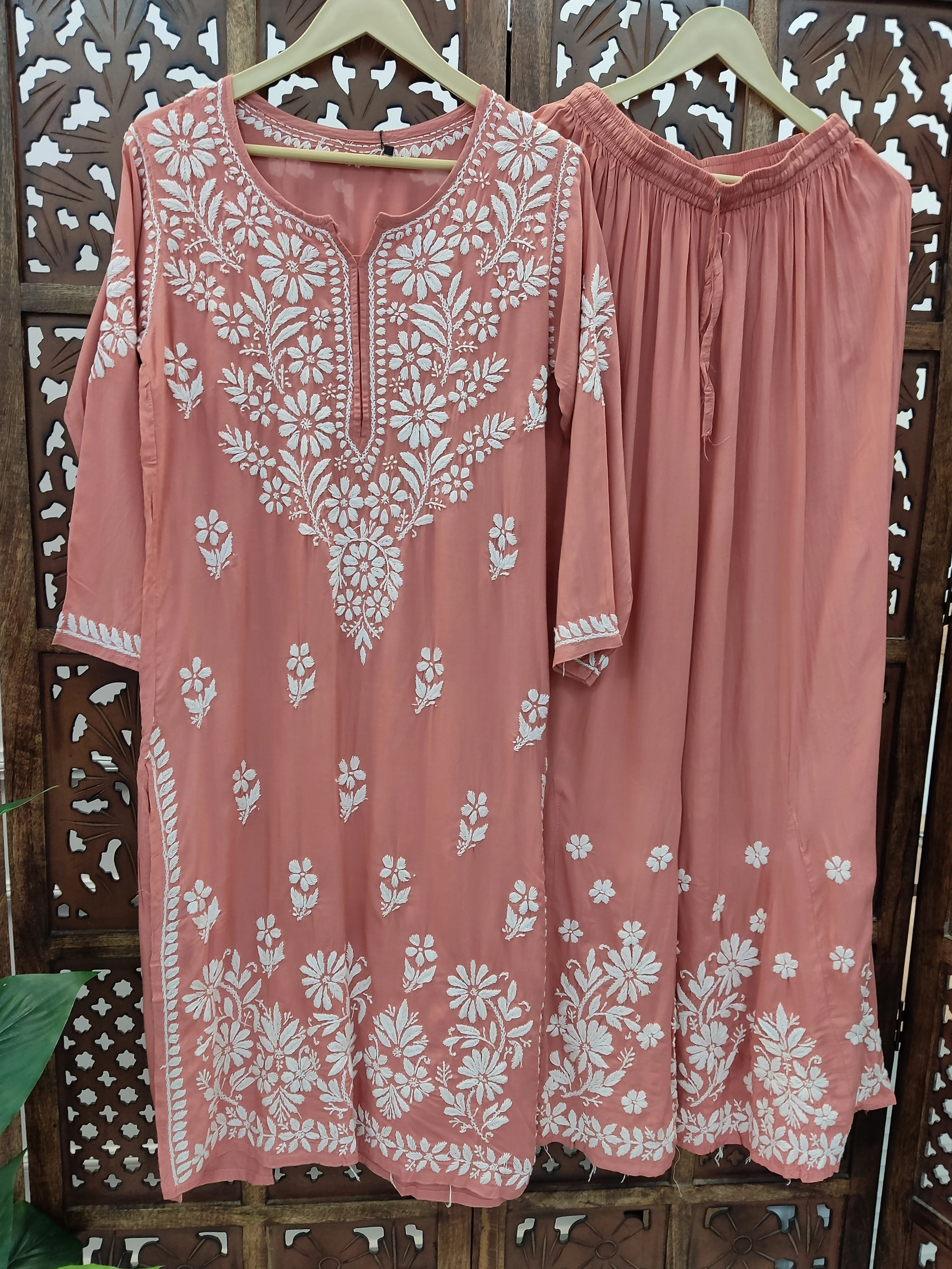 Coral Modal Chikankari Kurti Palazzo Set - Image 8