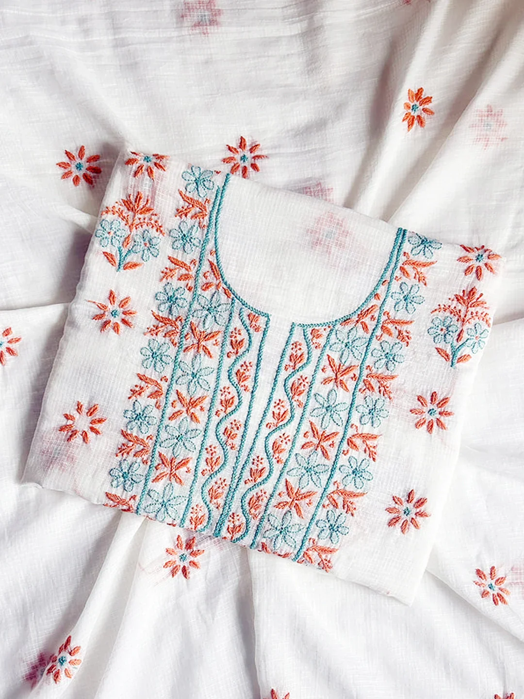 Eshani Kota Cotton Chikankari Un-stitched Kurti Piece with Dupatta - Coral