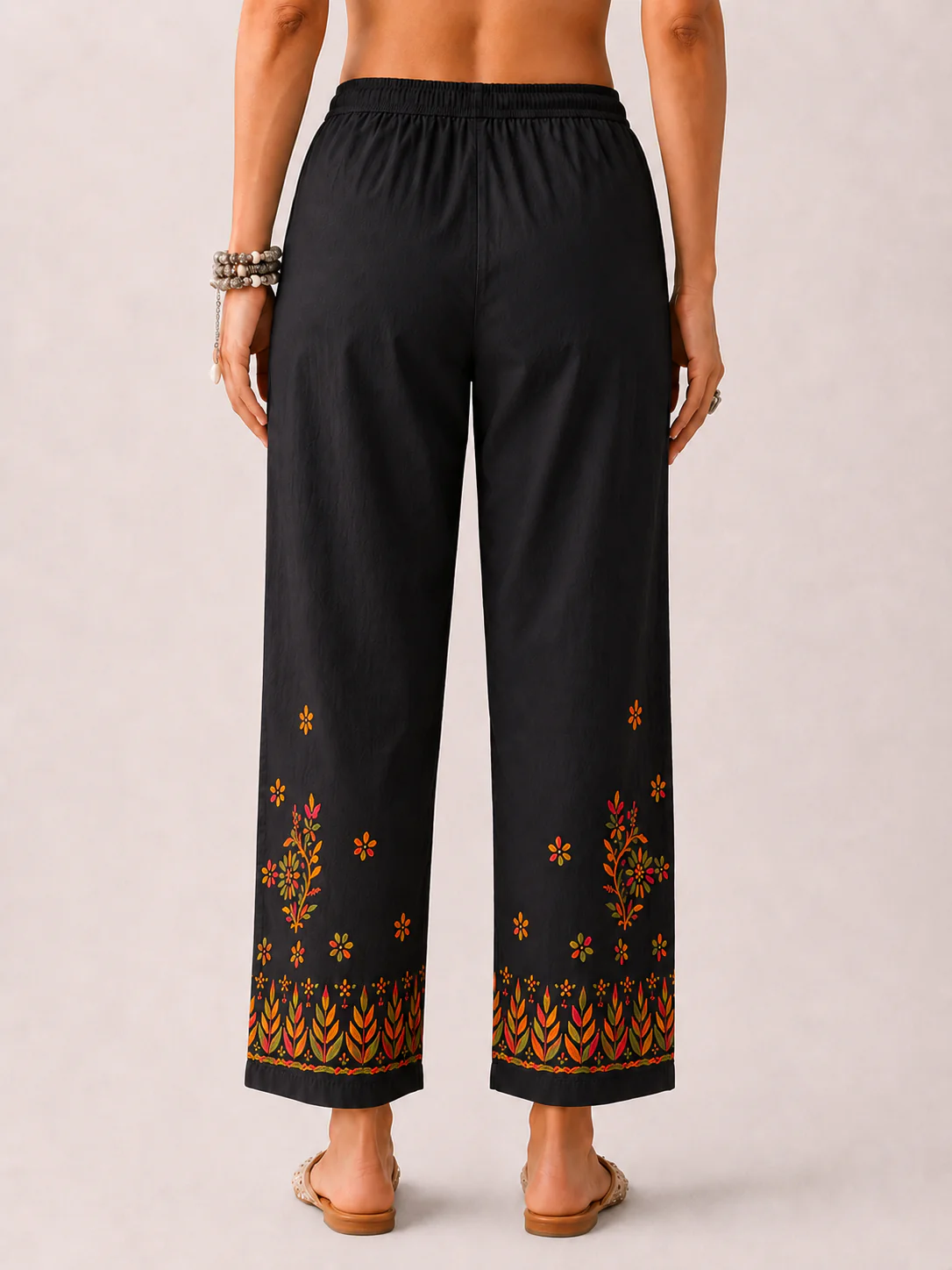 Floral Lycra Straight Chikankari Pant - Black Multi - Image 3