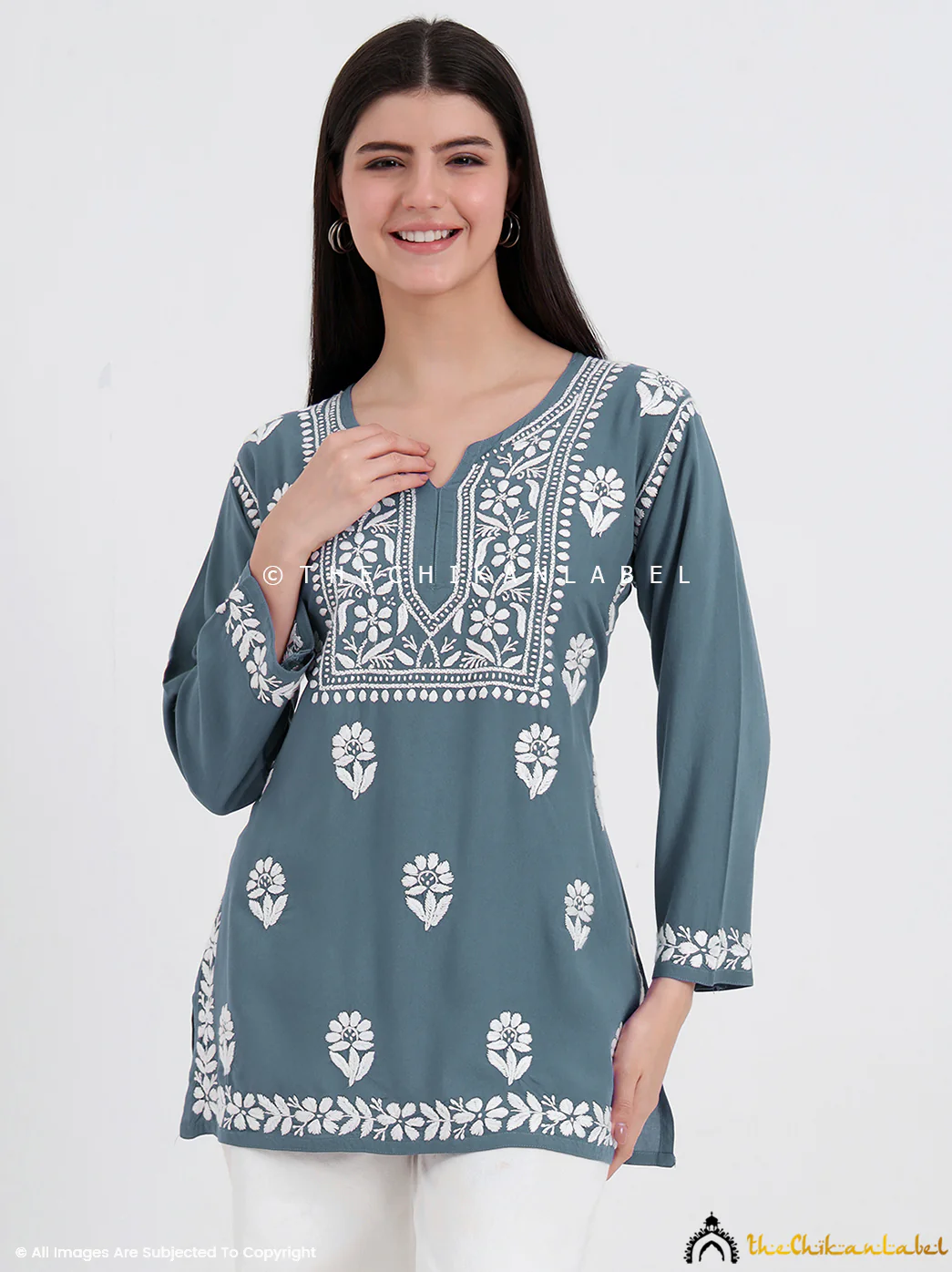 Ayesha Rayon Chikankari Short Top - Gray