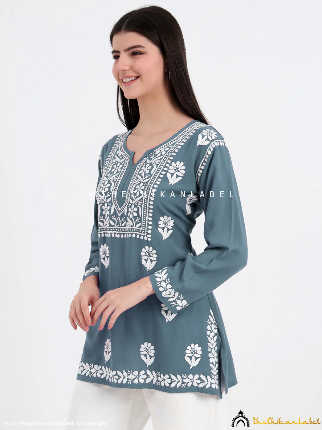 Ayesha Rayon Chikankari Short Top - Gray - Image 3